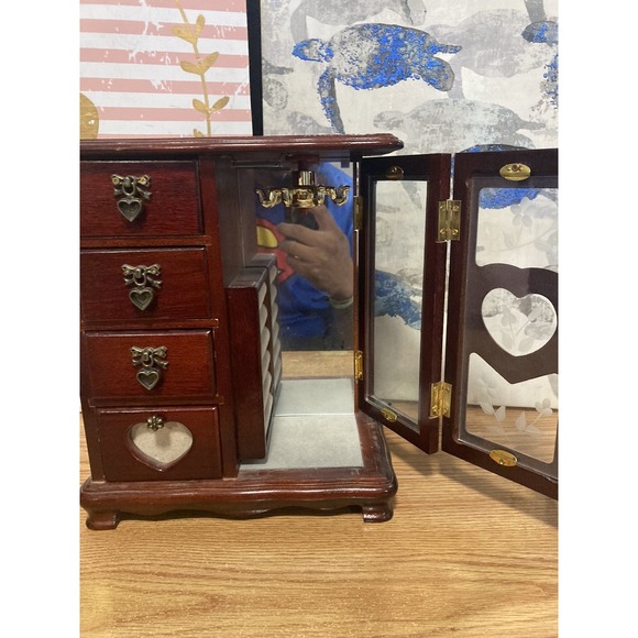 Vintage Wooden Armoire Jewelry Box Chest Necklace Carousel Etched Flowers - Picture 4 of 16